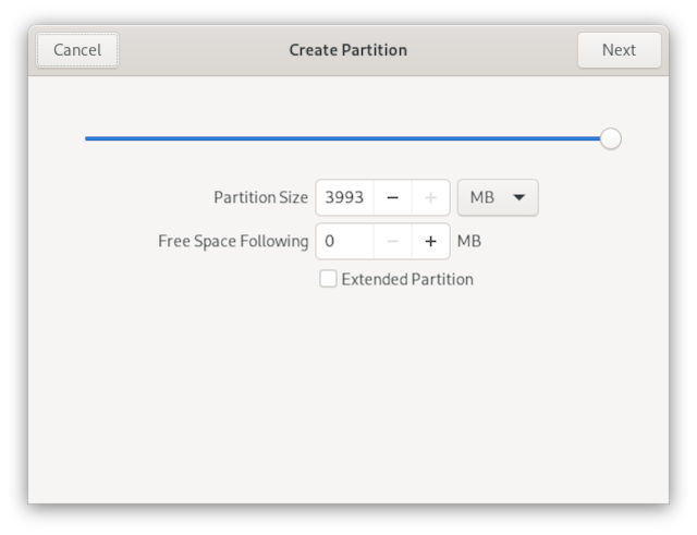 Creating a new partition and setting size Creating a new partition and setting size