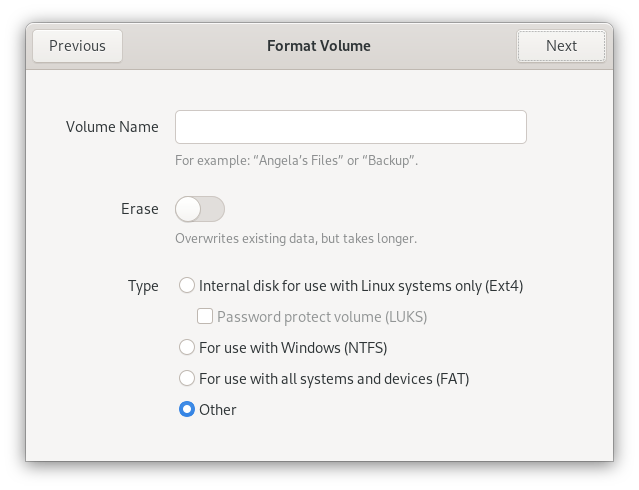 Selecting "other" for partition volume type Selecting “other” for partition volume type