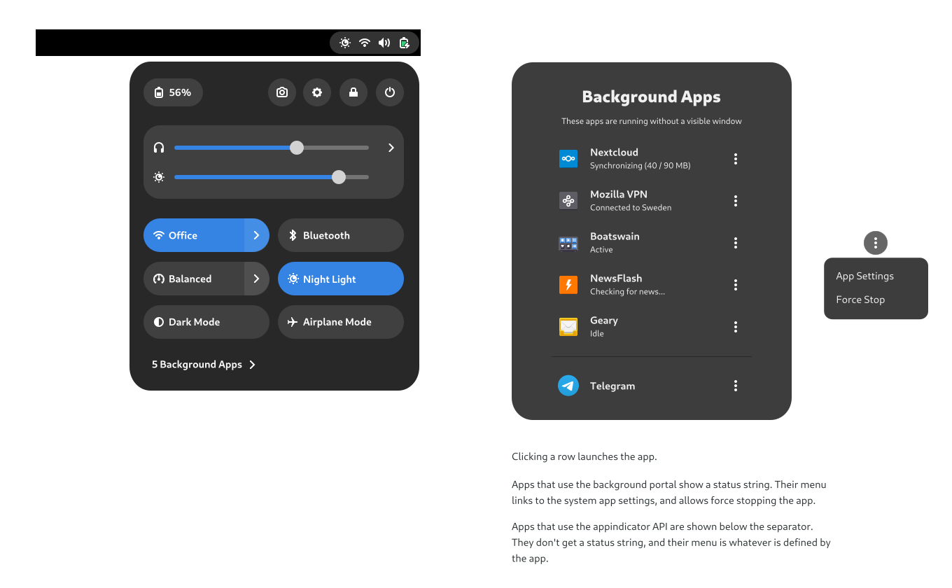 GNOME 设计模拟图,用于从通知菜单中检查后台应用程序