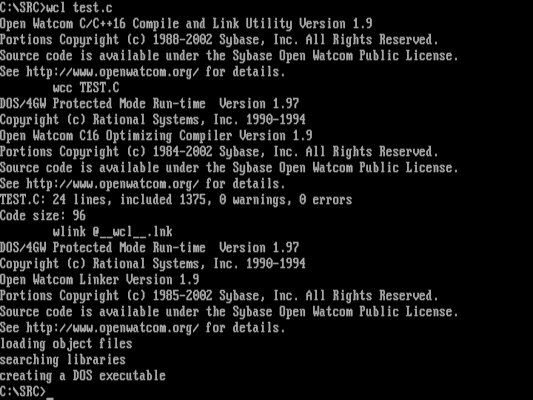 Compiling the test program with OpenWatcom 使用 OpenWatcom 编译