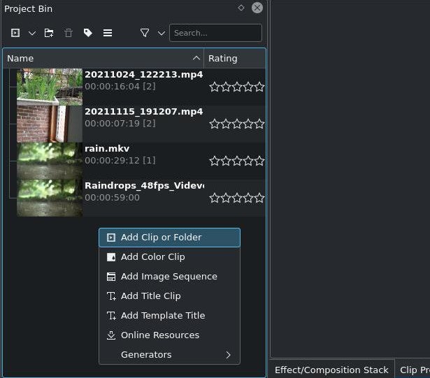 Adding clips in Kdenlive Adding clips in Kdenlive