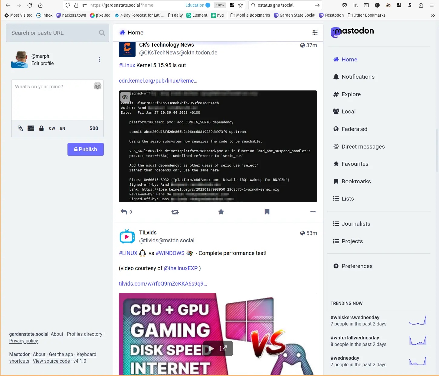 Mastodon 网页客户端具有一个中央面板,用于显示你的定制网络中的活动