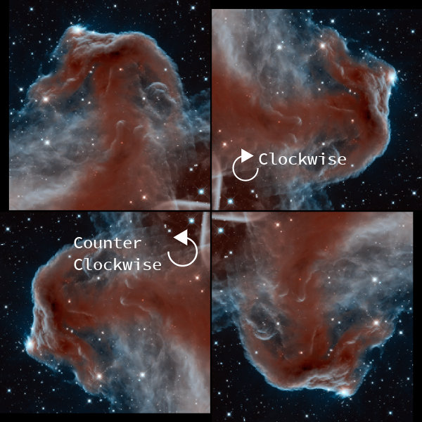 旋转示例:原始(左上角),顺时针旋转90°(右上角),逆时针旋转90°(左下角),180°(右下角)。